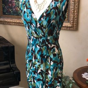 TAHARI Stretchy Sleeveless Dress in Turquoise Cream Brown Women's Size 8 EUC